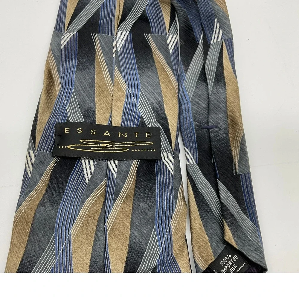 Essante Necktie Men Blue Tan Geometric 100% Silk Abstract Professional Accessory